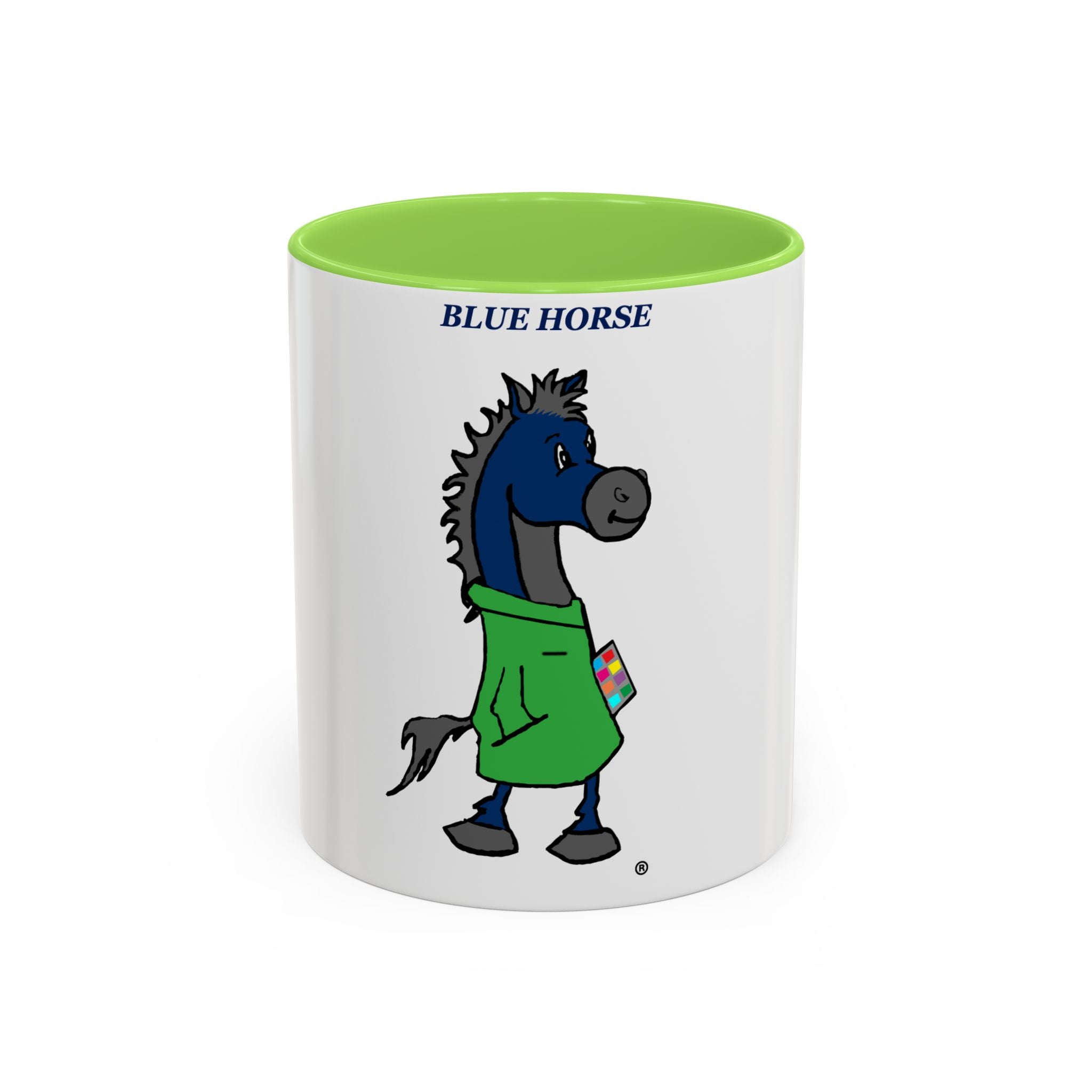 Blue Horse Cartoon Mug — Colorful 11oz/15oz Coffee Cup with Green Hoodie Graphic
