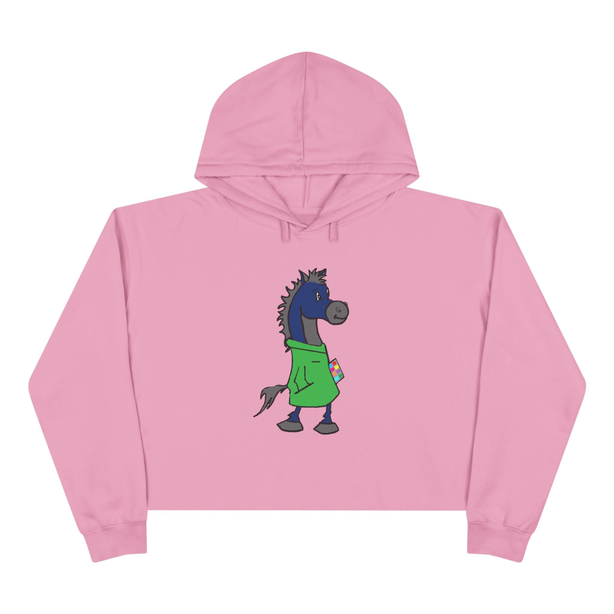 Blue Horse Cartoon Crop Hoodie — Cute Graphic Horse Illustration Crop Sweatshirt