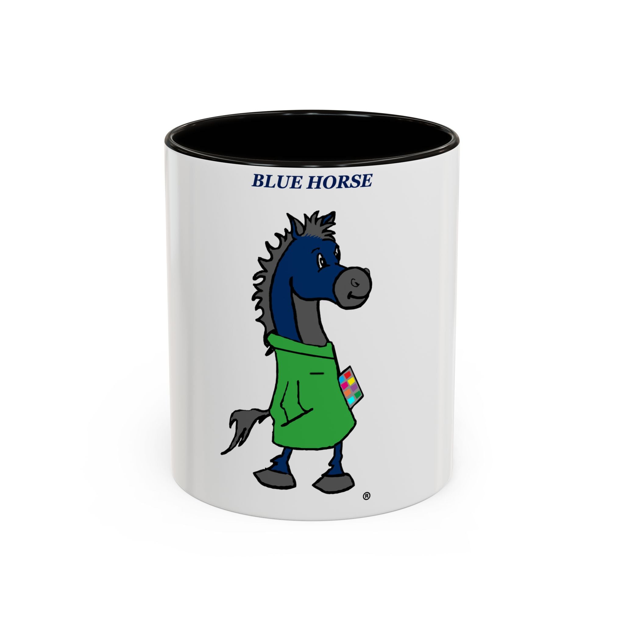 Blue Horse Cartoon Mug — Colorful 11oz/15oz Coffee Cup with Green Hoodie Graphic