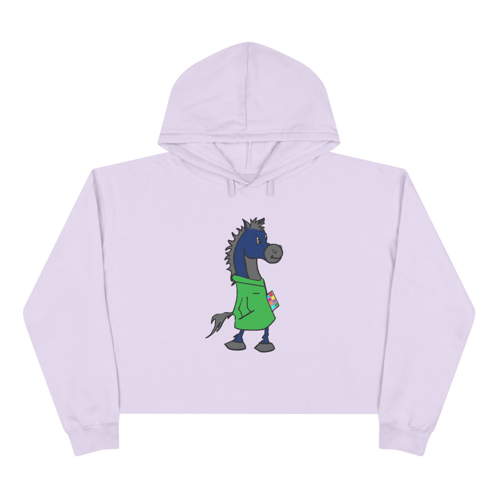 Blue Horse Cartoon Crop Hoodie — Cute Graphic Horse Illustration Crop Sweatshirt