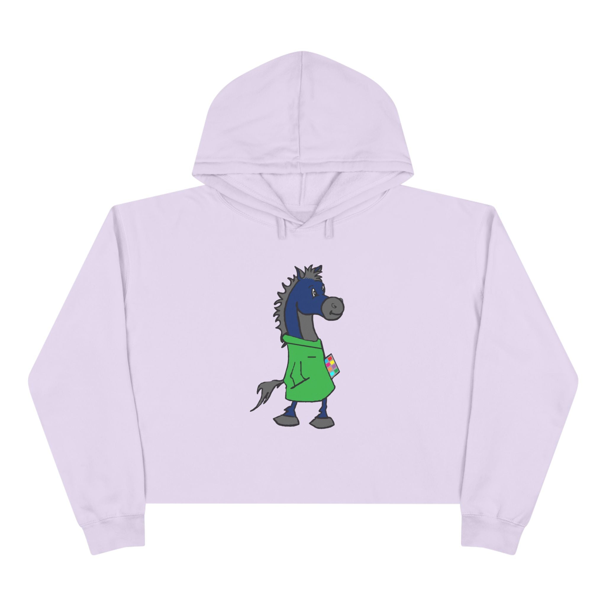 Blue Horse Cartoon Crop Hoodie — Cute Graphic Horse Illustration Crop Sweatshirt