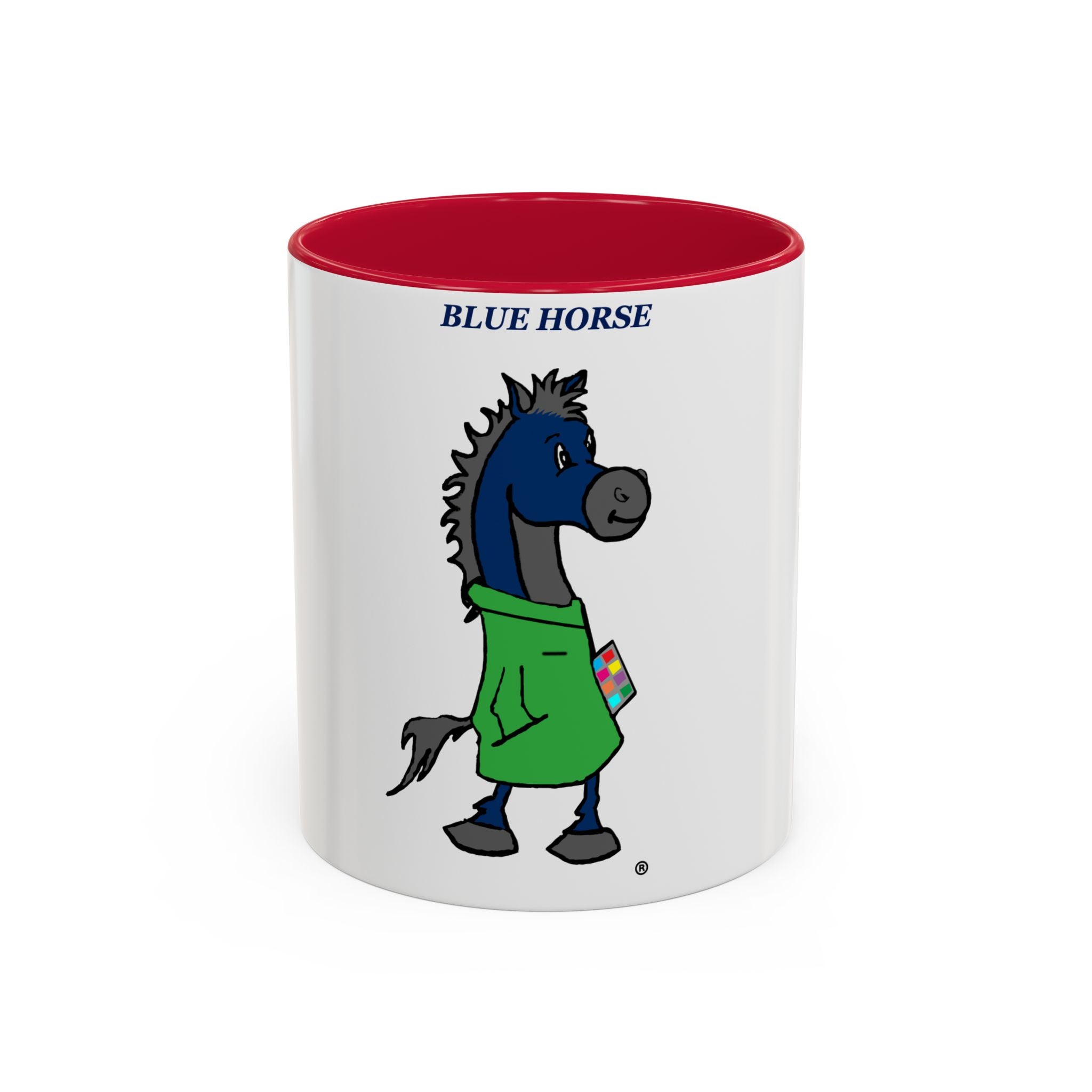 Blue Horse Cartoon Mug — Colorful 11oz/15oz Coffee Cup with Green Hoodie Graphic
