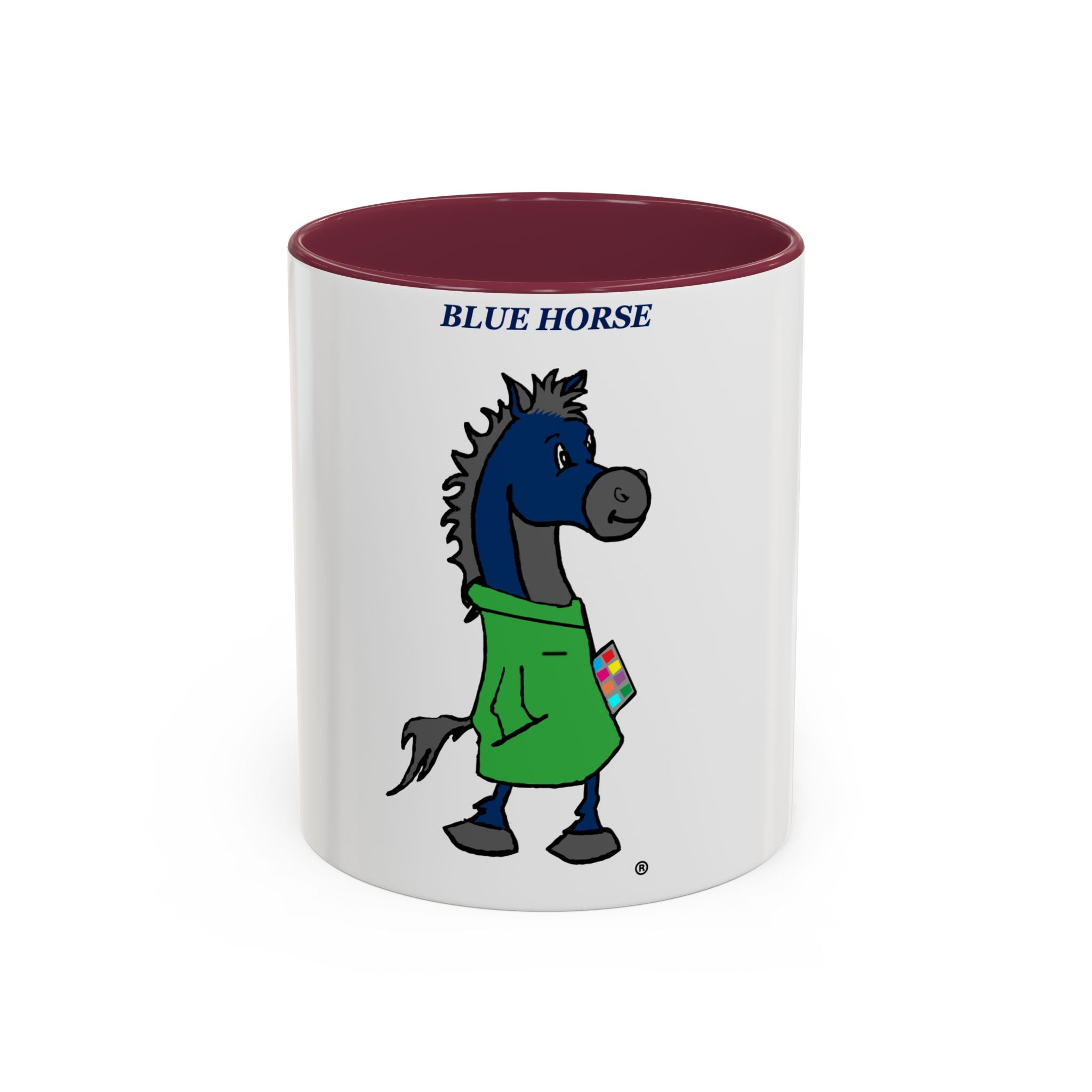 Blue Horse Cartoon Mug — Colorful 11oz/15oz Coffee Cup with Green Hoodie Graphic