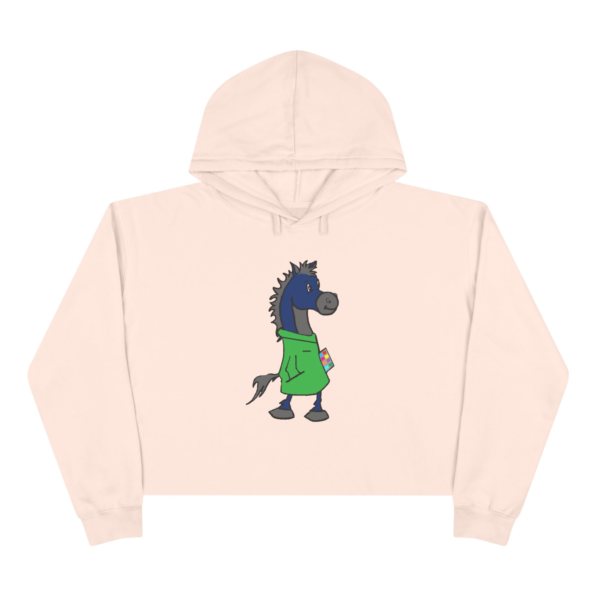 Blue Horse Cartoon Crop Hoodie — Cute Graphic Horse Illustration Crop Sweatshirt