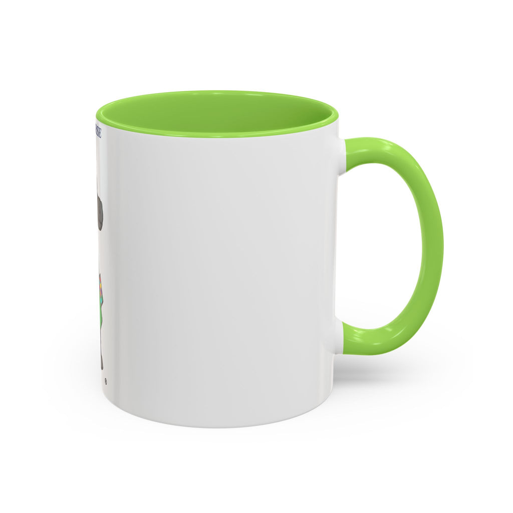 Blue Horse Cartoon Mug — Colorful 11oz/15oz Coffee Cup with Green Hoodie Graphic