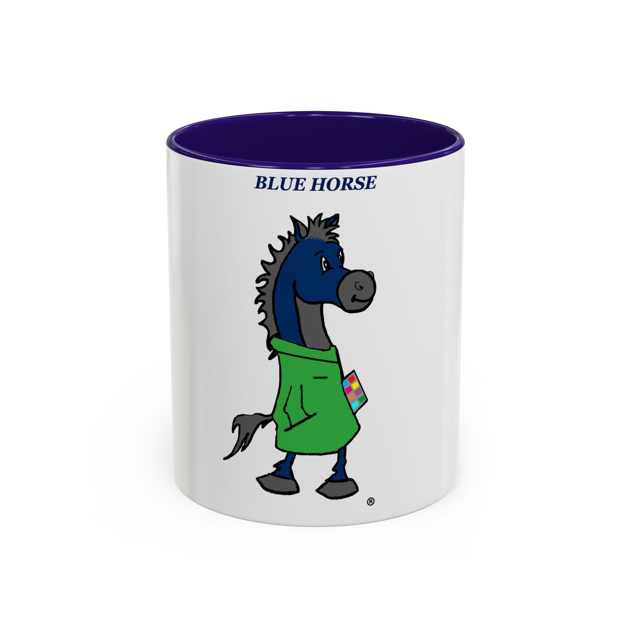 Blue Horse Cartoon Mug — Colorful 11oz/15oz Coffee Cup with Green Hoodie Graphic