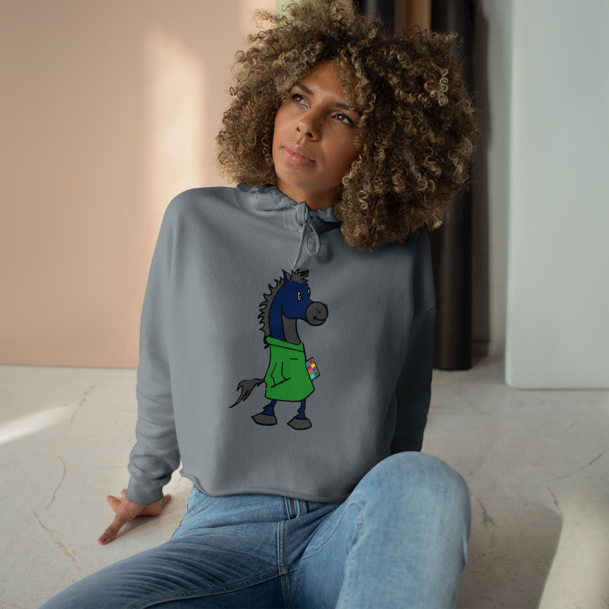 Blue Horse Cartoon Crop Hoodie — Cute Graphic Horse Illustration Crop Sweatshirt