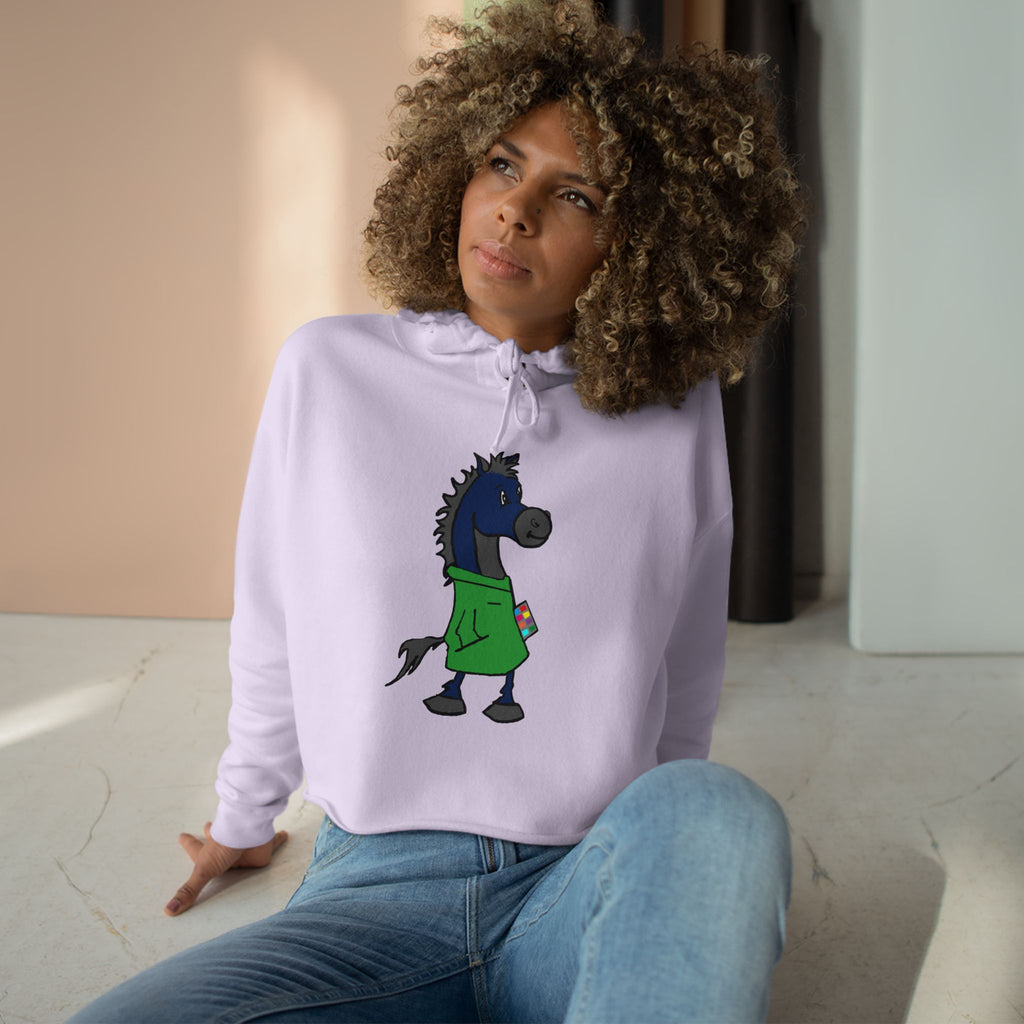 Blue Horse Cartoon Crop Hoodie — Cute Graphic Horse Illustration Crop Sweatshirt