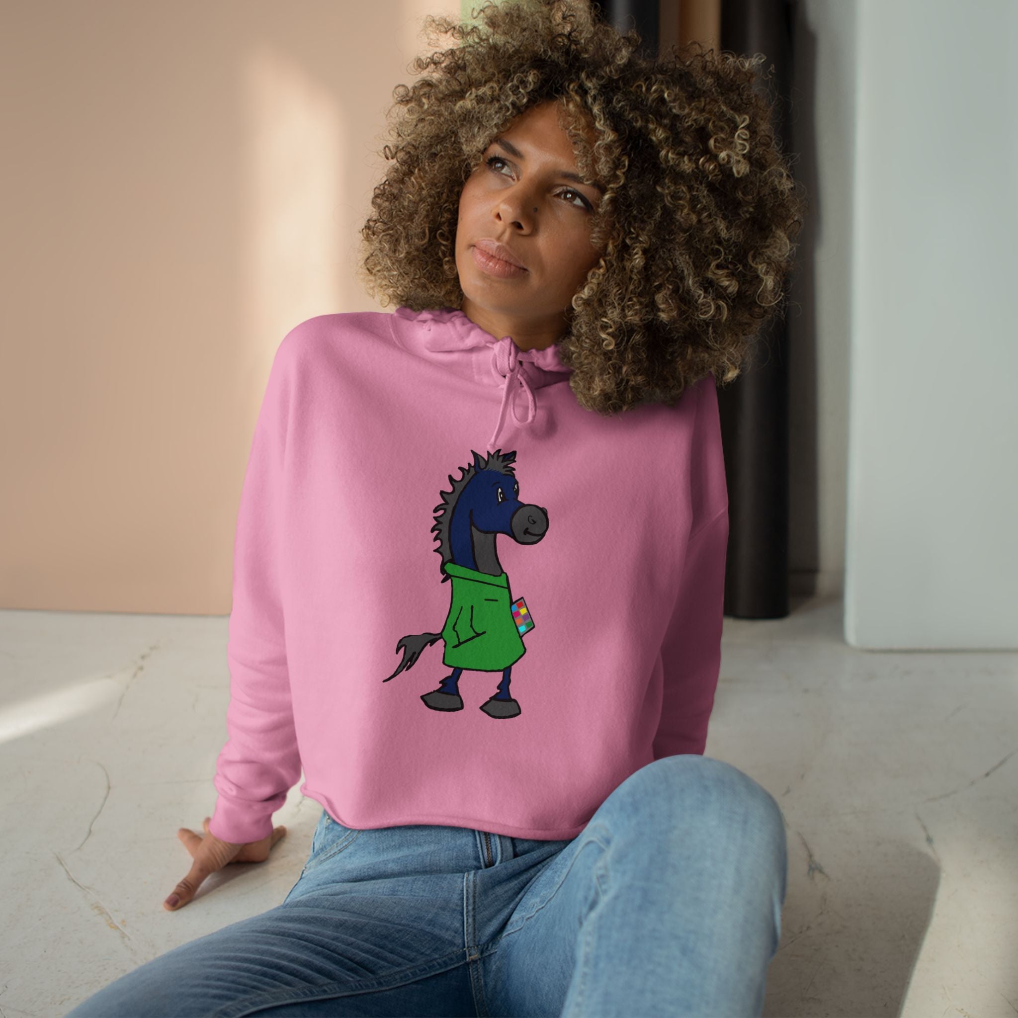 Blue Horse Cartoon Crop Hoodie — Cute Graphic Horse Illustration Crop Sweatshirt