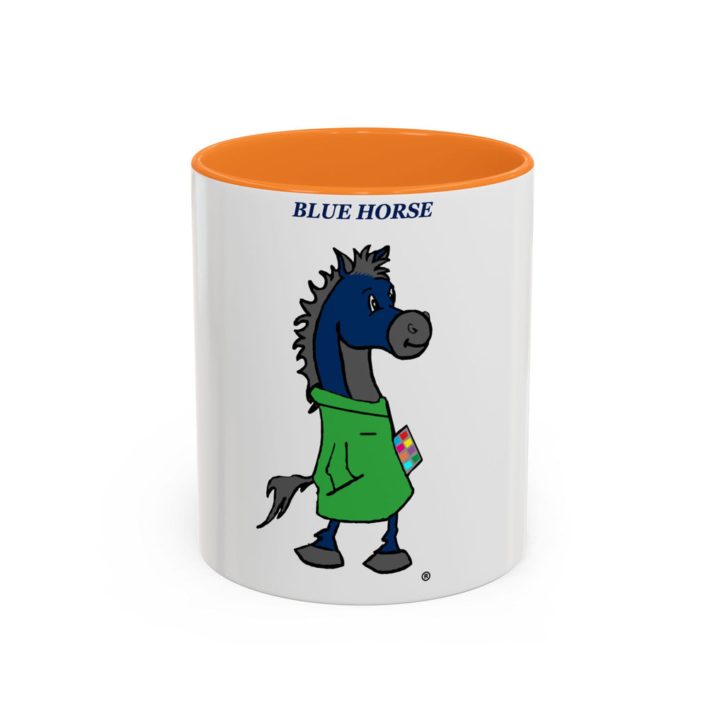 Blue Horse Cartoon Mug — Colorful 11oz/15oz Coffee Cup with Green Hoodie Graphic