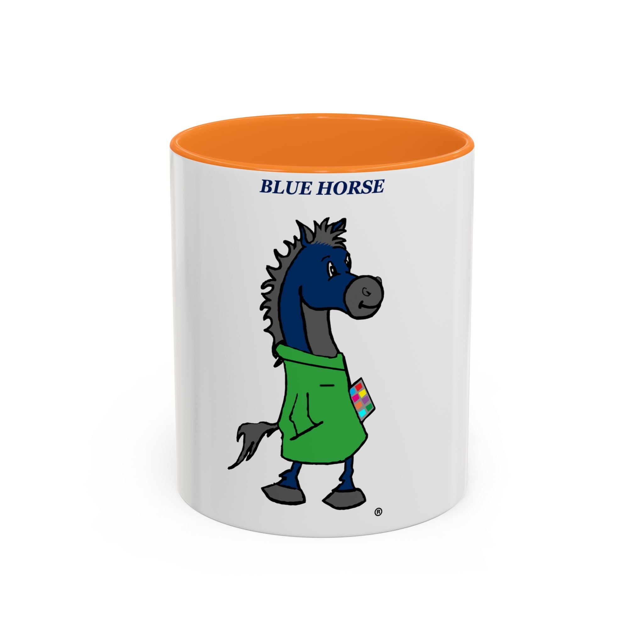Blue Horse Cartoon Mug — Colorful 11oz/15oz Coffee Cup with Green Hoodie Graphic