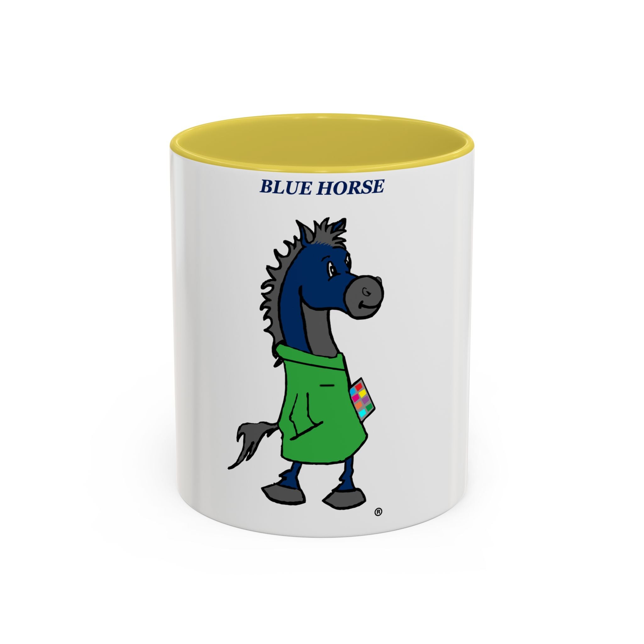 Blue Horse Cartoon Mug — Colorful 11oz/15oz Coffee Cup with Green Hoodie Graphic