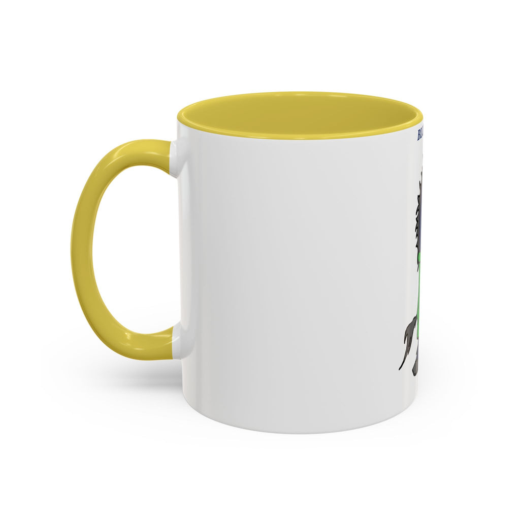 Blue Horse Cartoon Mug — Colorful 11oz/15oz Coffee Cup with Green Hoodie Graphic