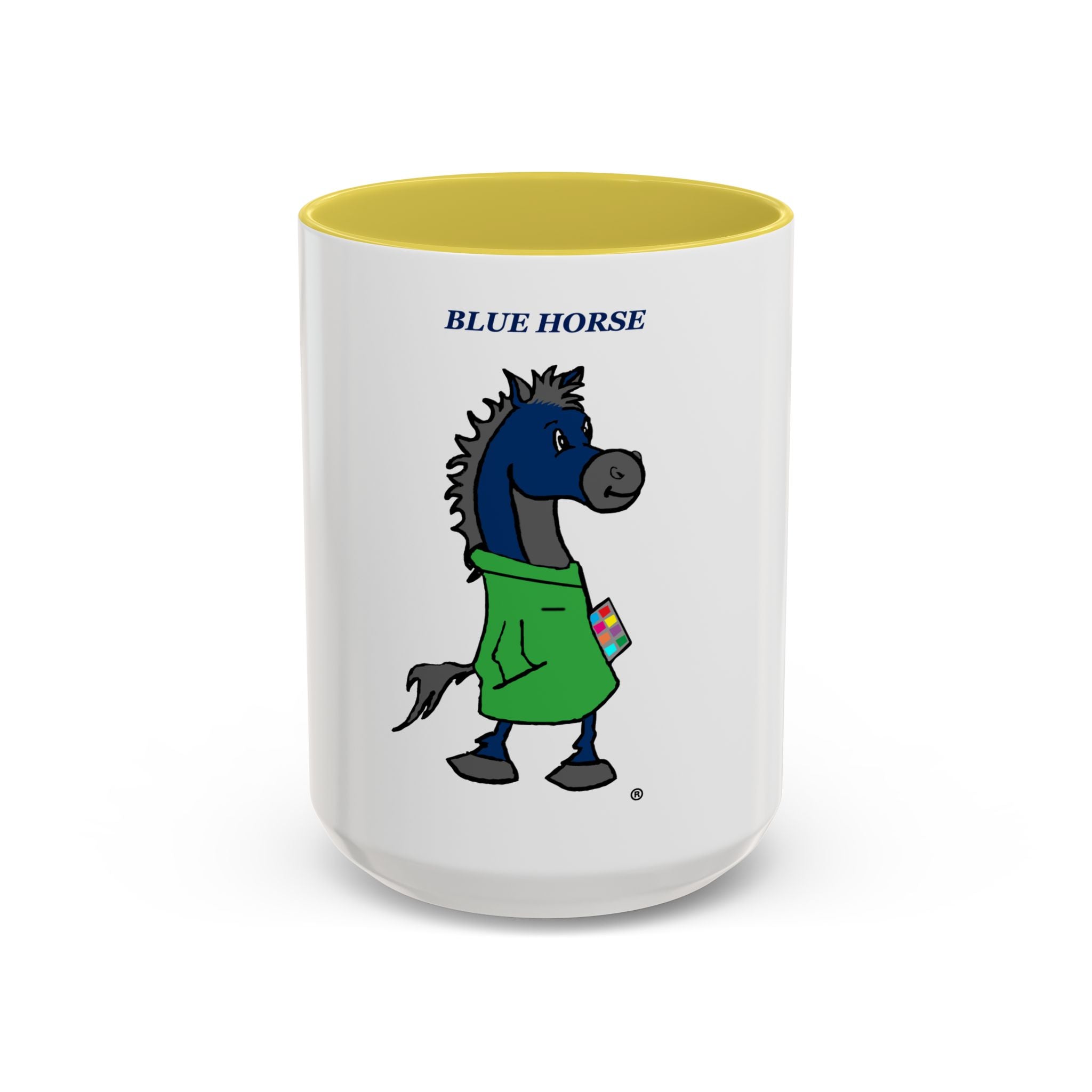 Blue Horse Cartoon Mug — Colorful 11oz/15oz Coffee Cup with Green Hoodie Graphic