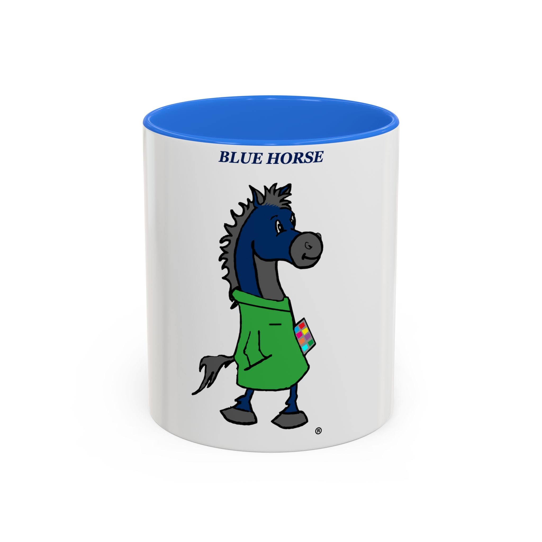 Blue Horse Cartoon Mug — Colorful 11oz/15oz Coffee Cup with Green Hoodie Graphic