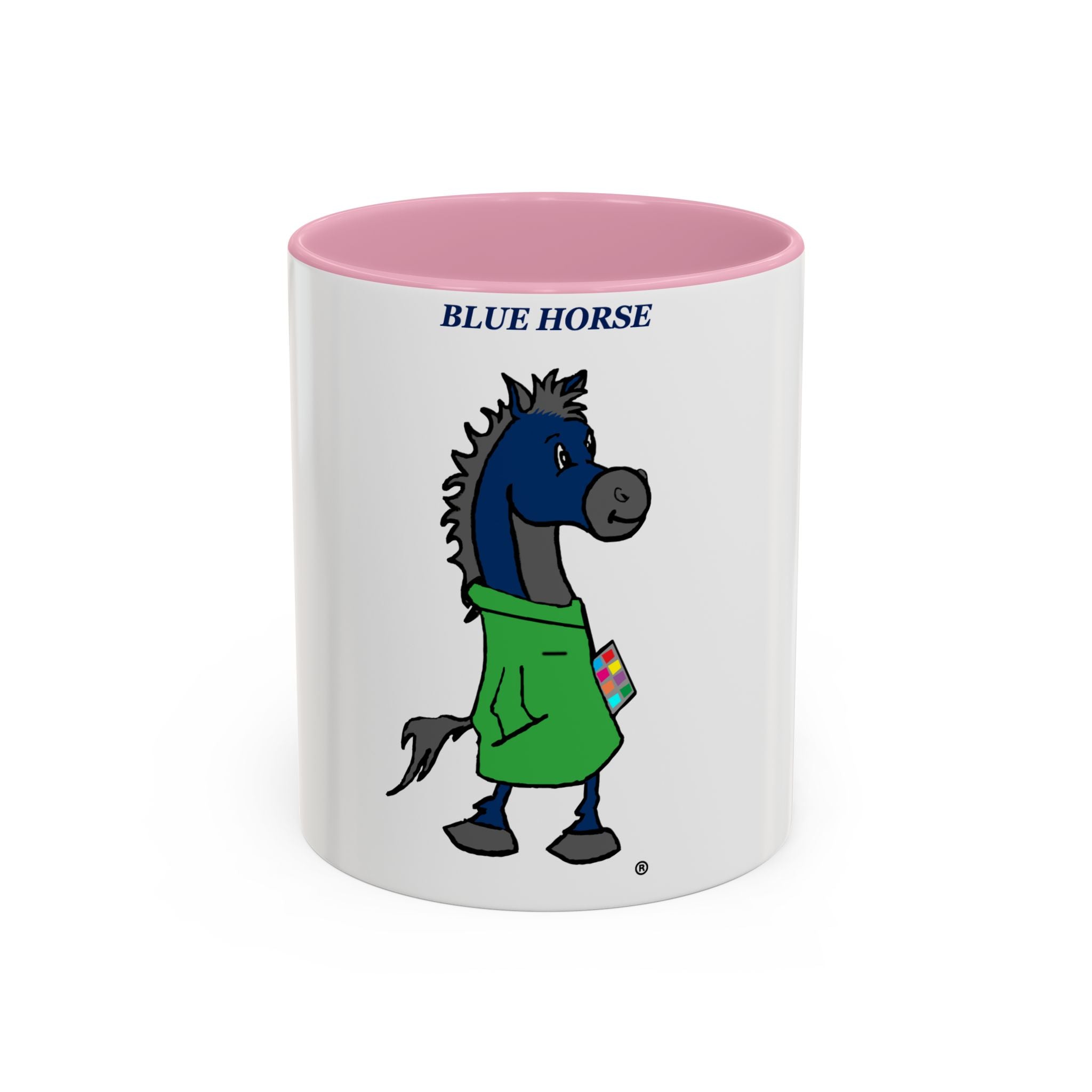 Blue Horse Cartoon Mug — Colorful 11oz/15oz Coffee Cup with Green Hoodie Graphic