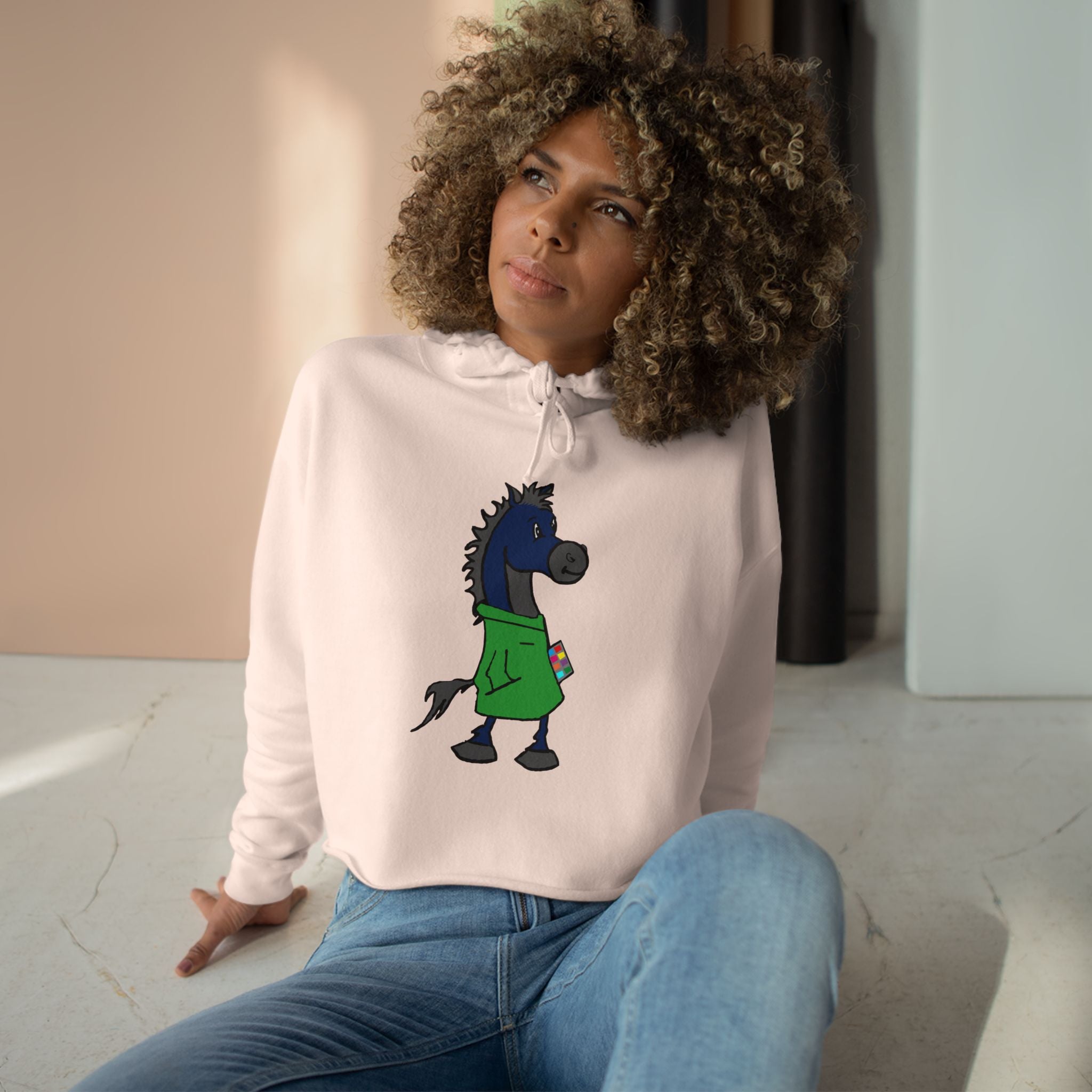 Blue Horse Cartoon Crop Hoodie — Cute Graphic Horse Illustration Crop Sweatshirt