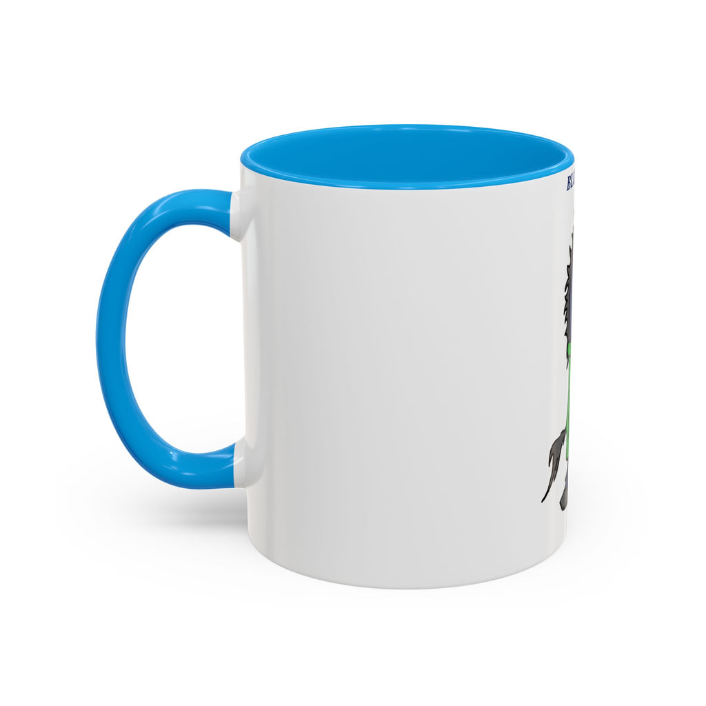 Blue Horse Cartoon Mug — Colorful 11oz/15oz Coffee Cup with Green Hoodie Graphic