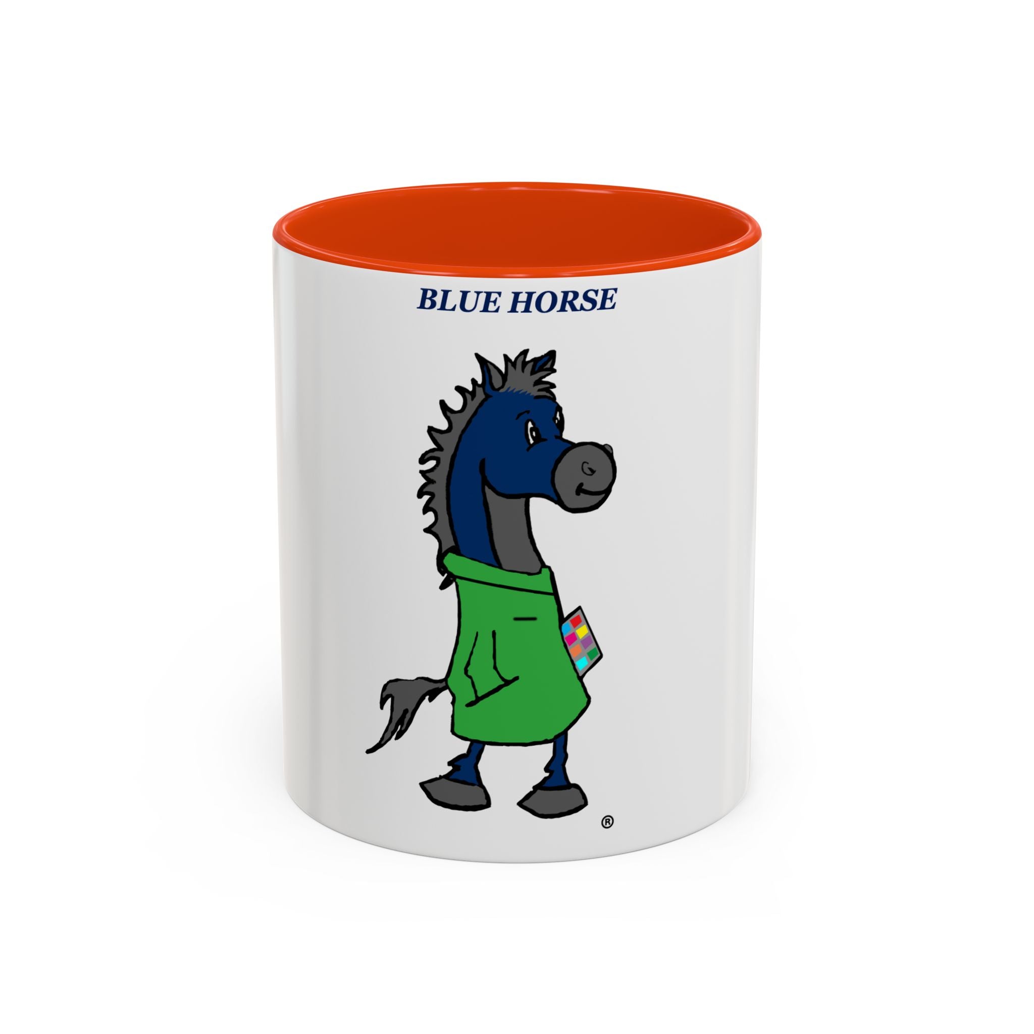 Blue Horse Cartoon Mug — Colorful 11oz/15oz Coffee Cup with Green Hoodie Graphic