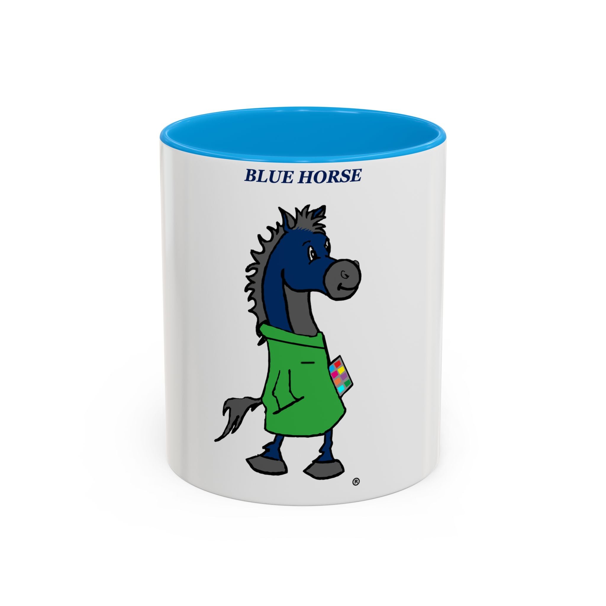Blue Horse Cartoon Mug — Colorful 11oz/15oz Coffee Cup with Green Hoodie Graphic