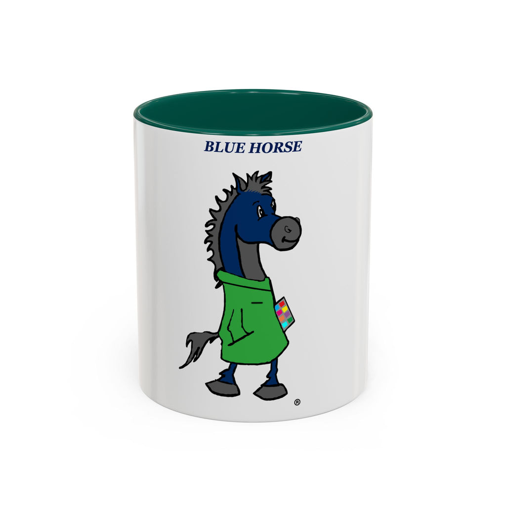 Blue Horse Cartoon Mug — Colorful 11oz/15oz Coffee Cup with Green Hoodie Graphic