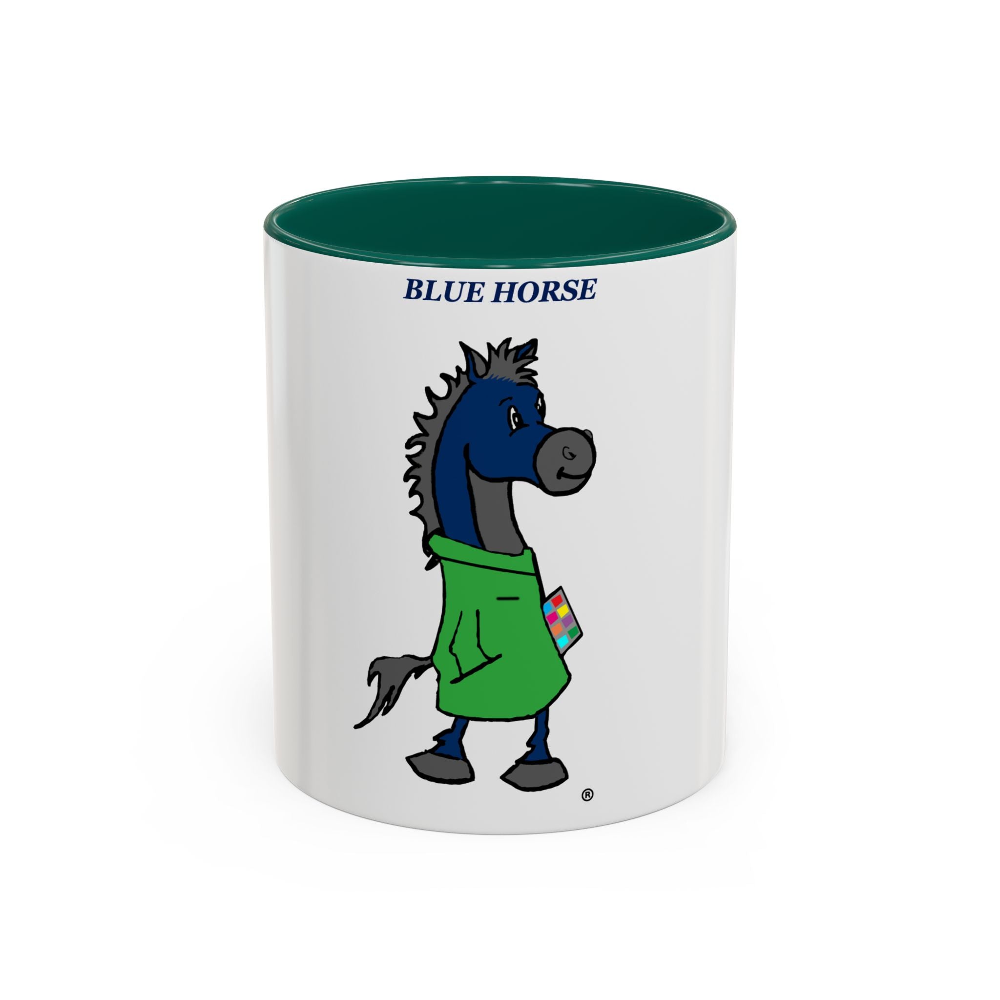 Blue Horse Cartoon Mug — Colorful 11oz/15oz Coffee Cup with Green Hoodie Graphic