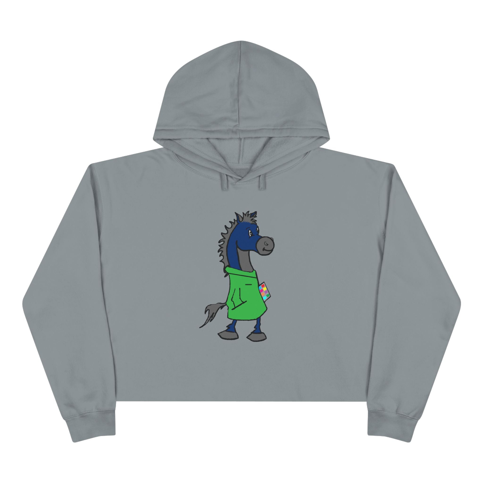 Blue Horse Cartoon Crop Hoodie — Cute Graphic Horse Illustration Crop Sweatshirt