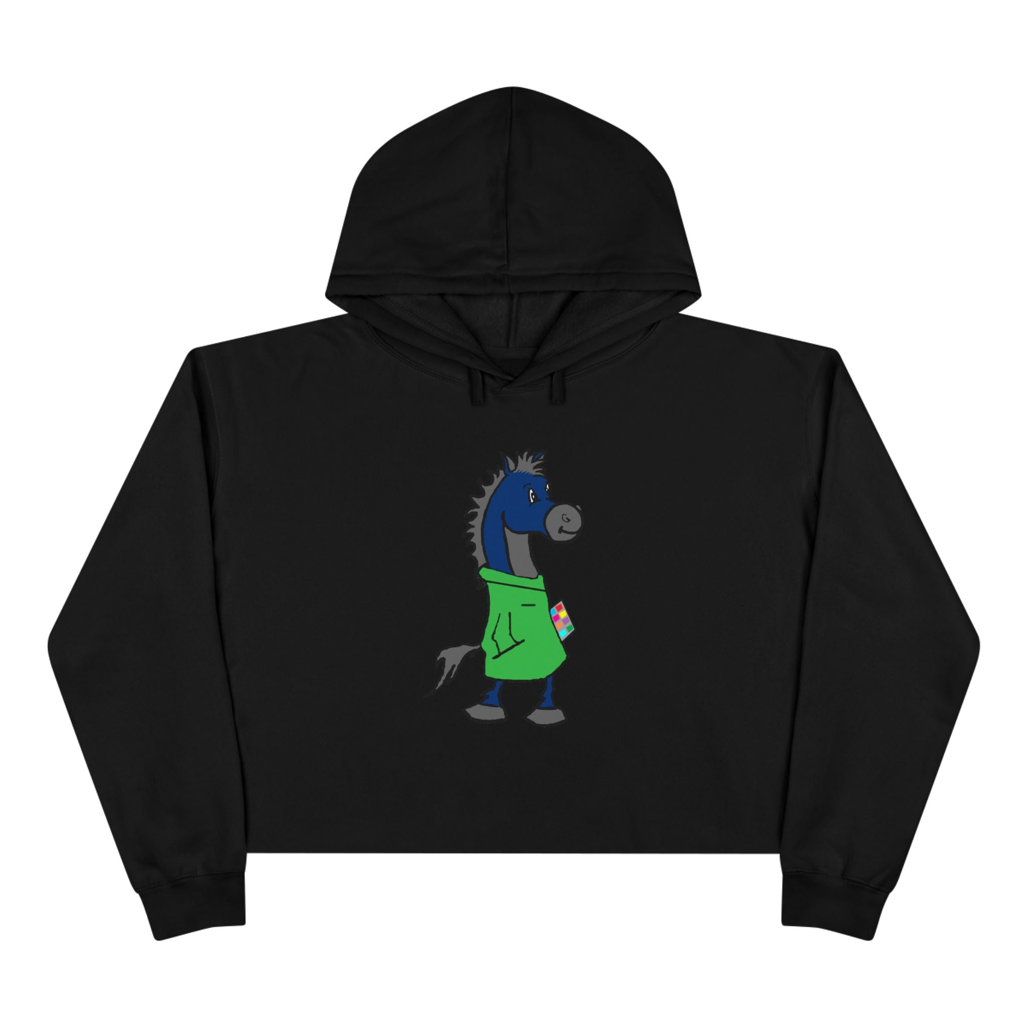 Blue Horse Cartoon Crop Hoodie — Cute Graphic Horse Illustration Crop Sweatshirt